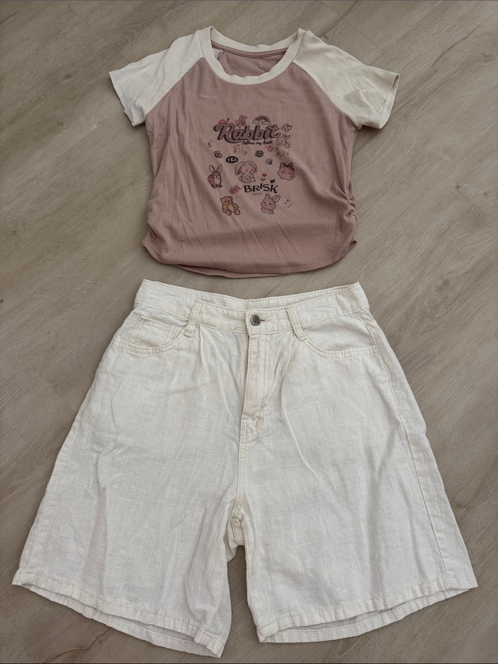 KOREAN FASHION Rabbit Graphic Raglan Crop Top & Cream Shorts